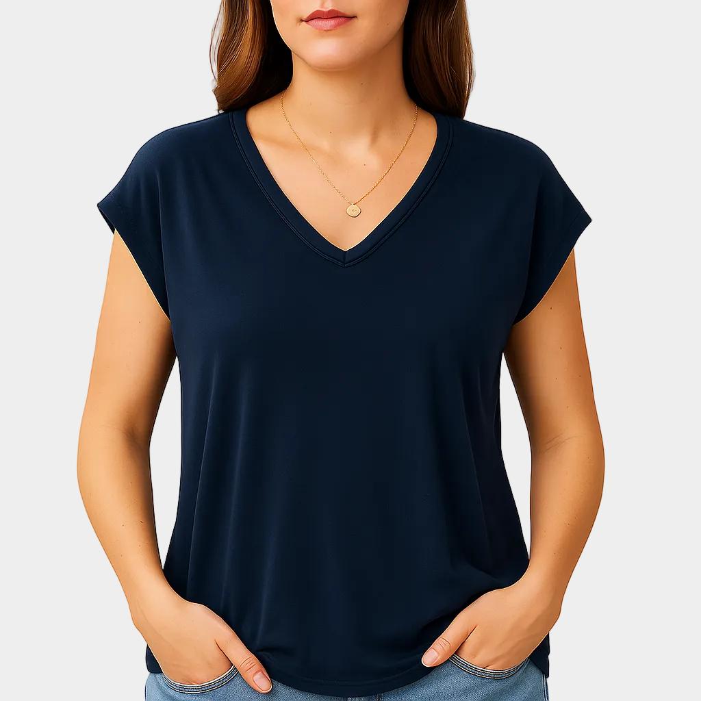 T-shirt feminina fluida com decote em V e manga curta