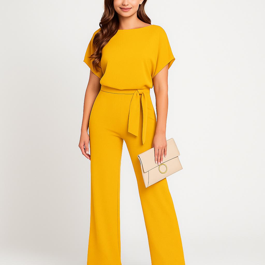 Macacão elegante de mulher com cinto ajustável e corte fluido