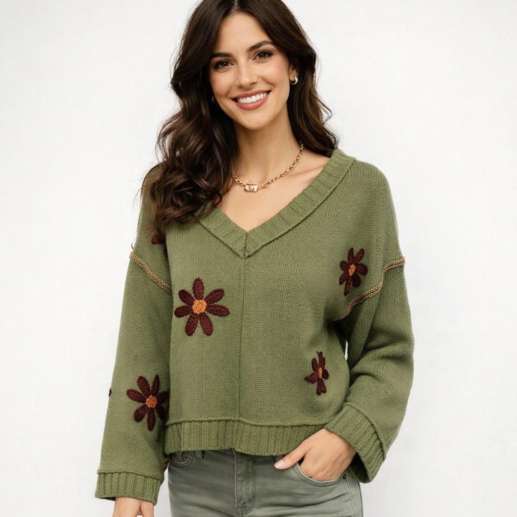 Camisola em malha suave com decote em V | Corte descontraído | Bordados florais delicados
