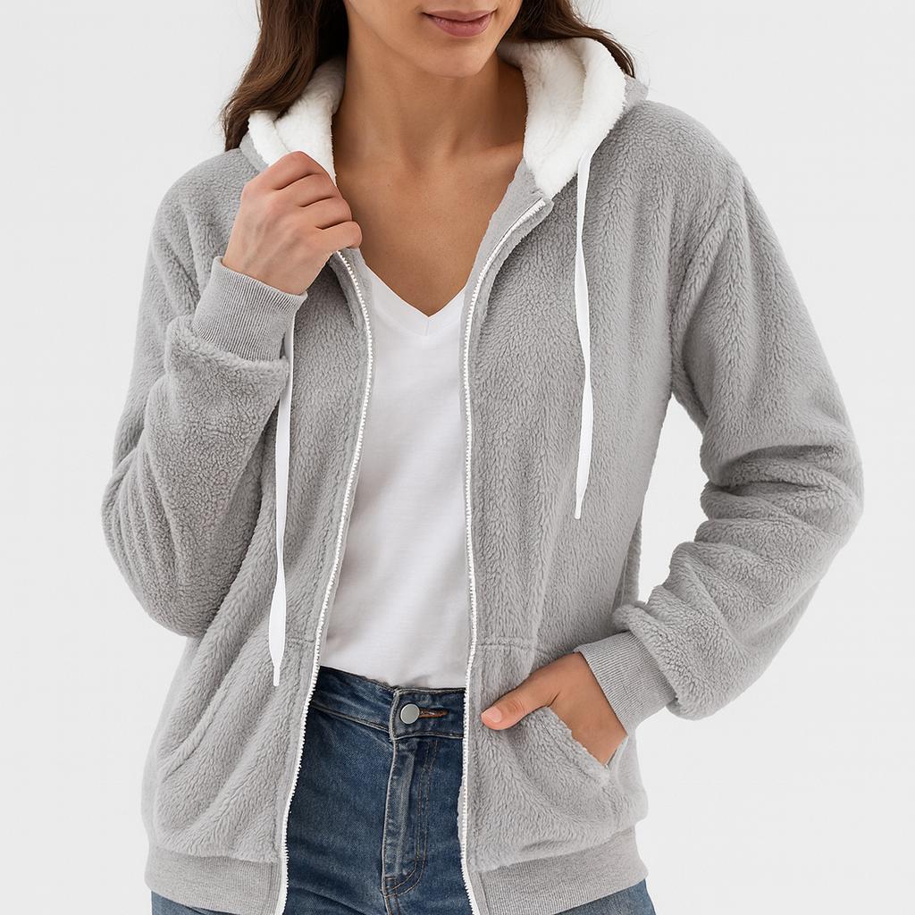 Casaco feminino em fleece com capuz e fecho frontal