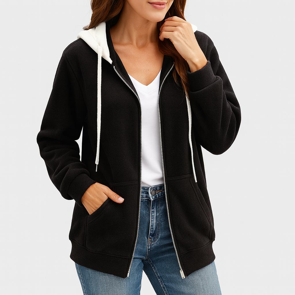 Casaco feminino em fleece com capuz e fecho frontal