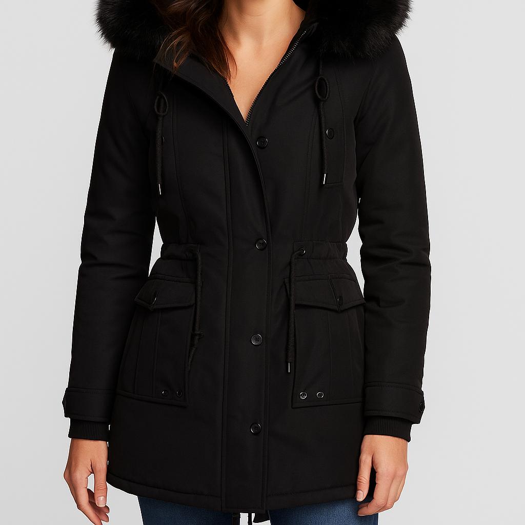 Parka feminina acolchoada com capuz e corte ajustado