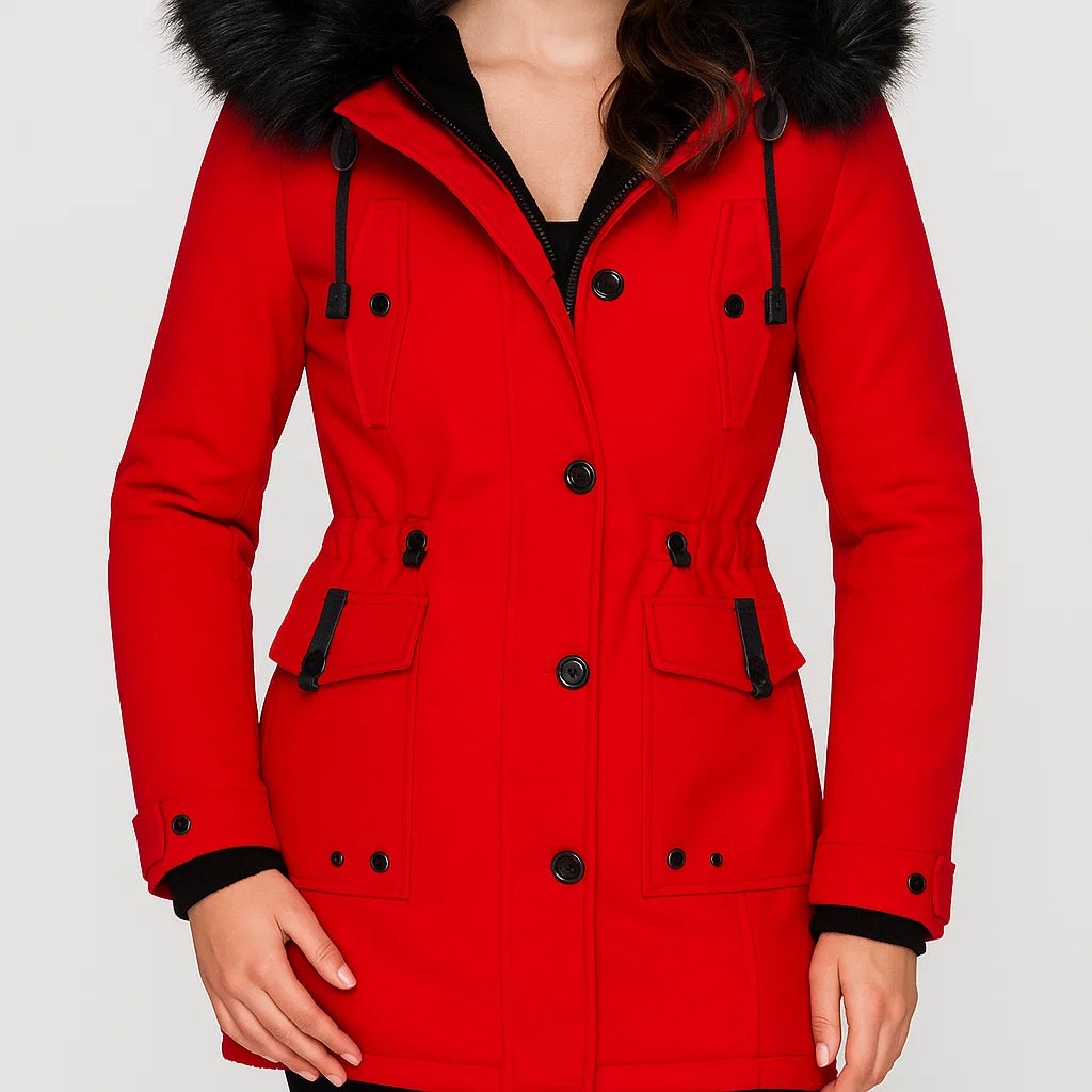 Parka feminina acolchoada com capuz e corte ajustado