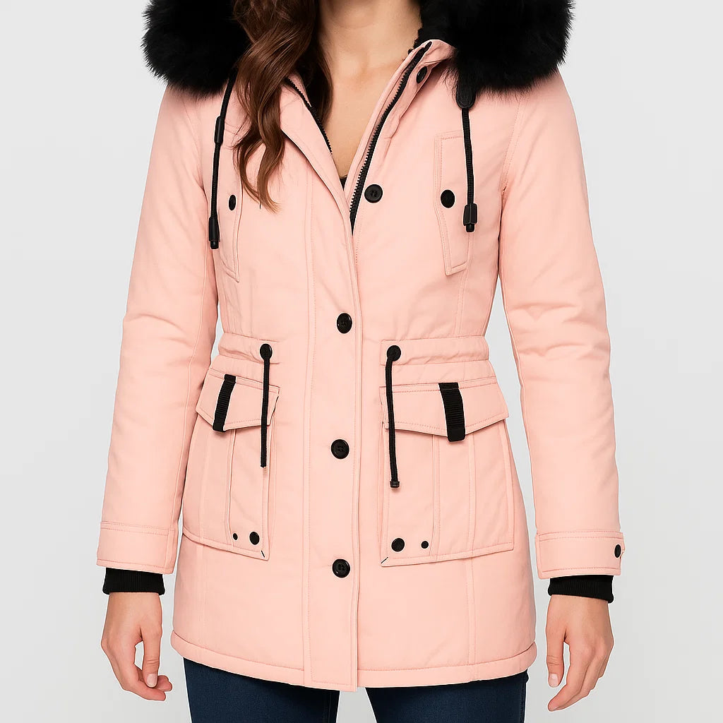 Parka feminina acolchoada com capuz e corte ajustado