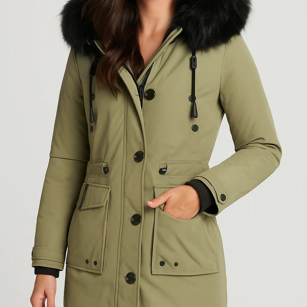 Parka feminina acolchoada com capuz e corte ajustado