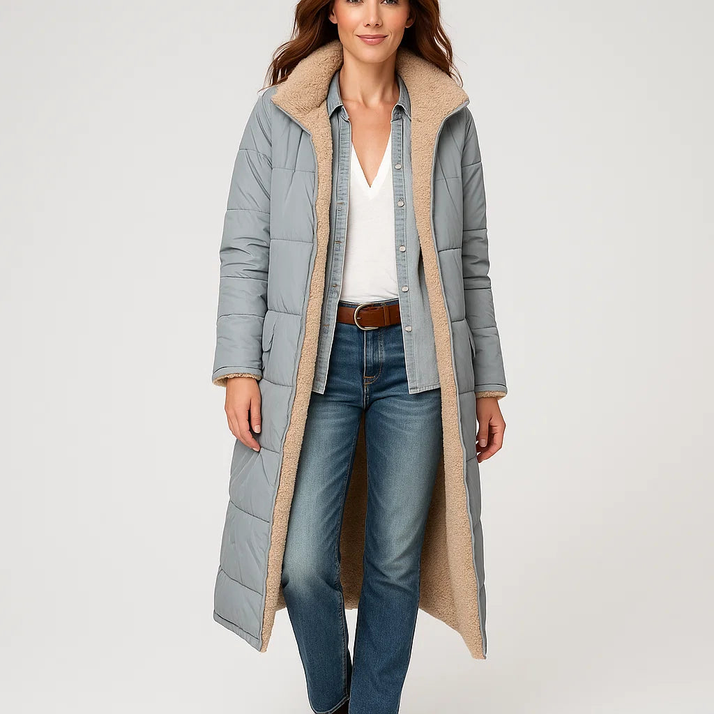 Casaco comprido acolchoado com capuz e forro quente