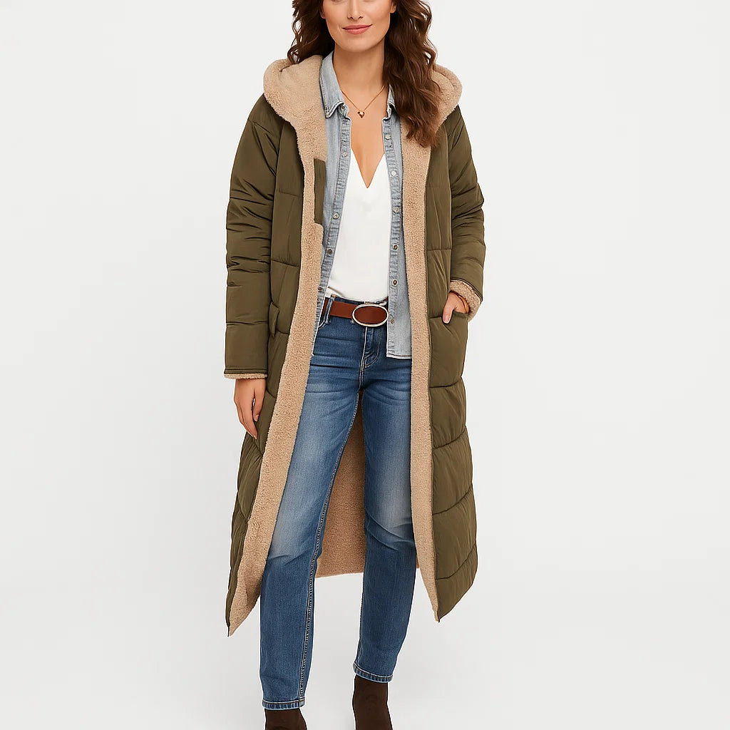Casaco comprido acolchoado com capuz e forro quente