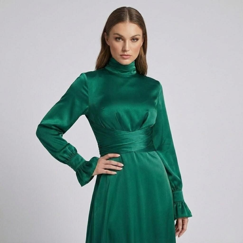 Vestido comprido de manga comprida com gola subida e cintura marcada
