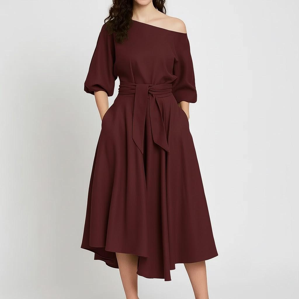 Vestido midi feminino com decote assimétrico e saia fluida