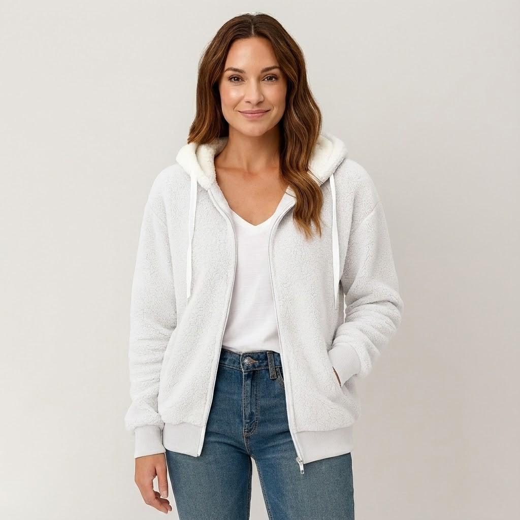 Casaco feminino em fleece com capuz e fecho frontal