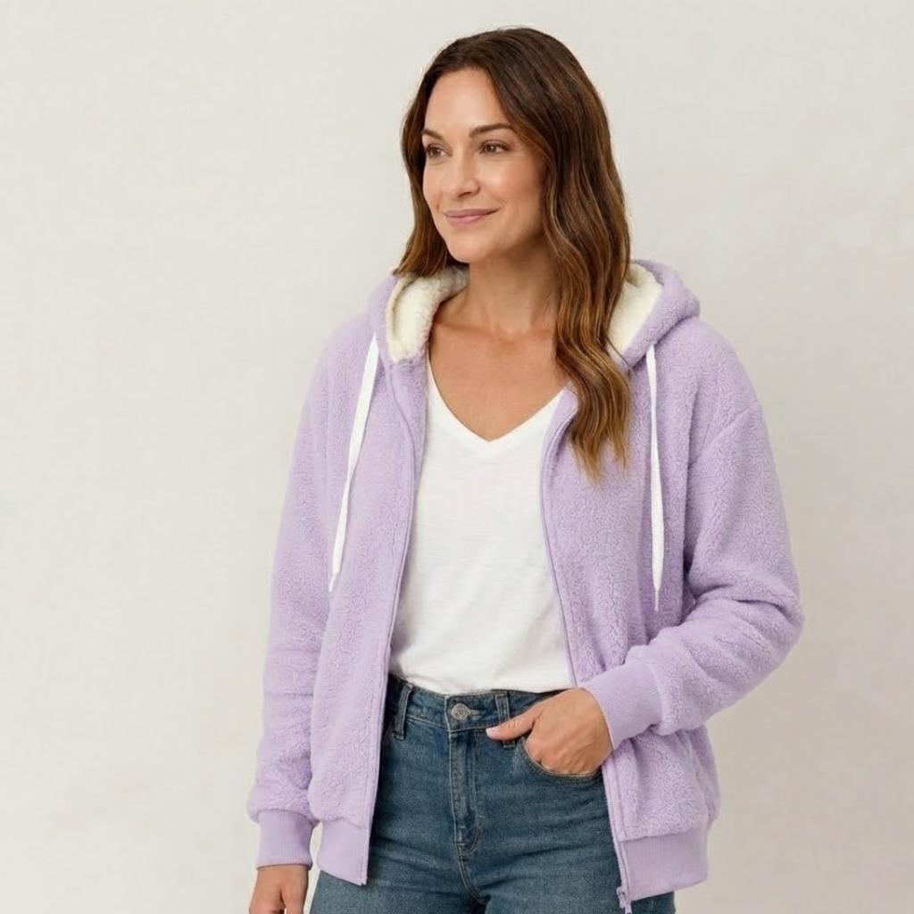 Casaco feminino em fleece com capuz e fecho frontal