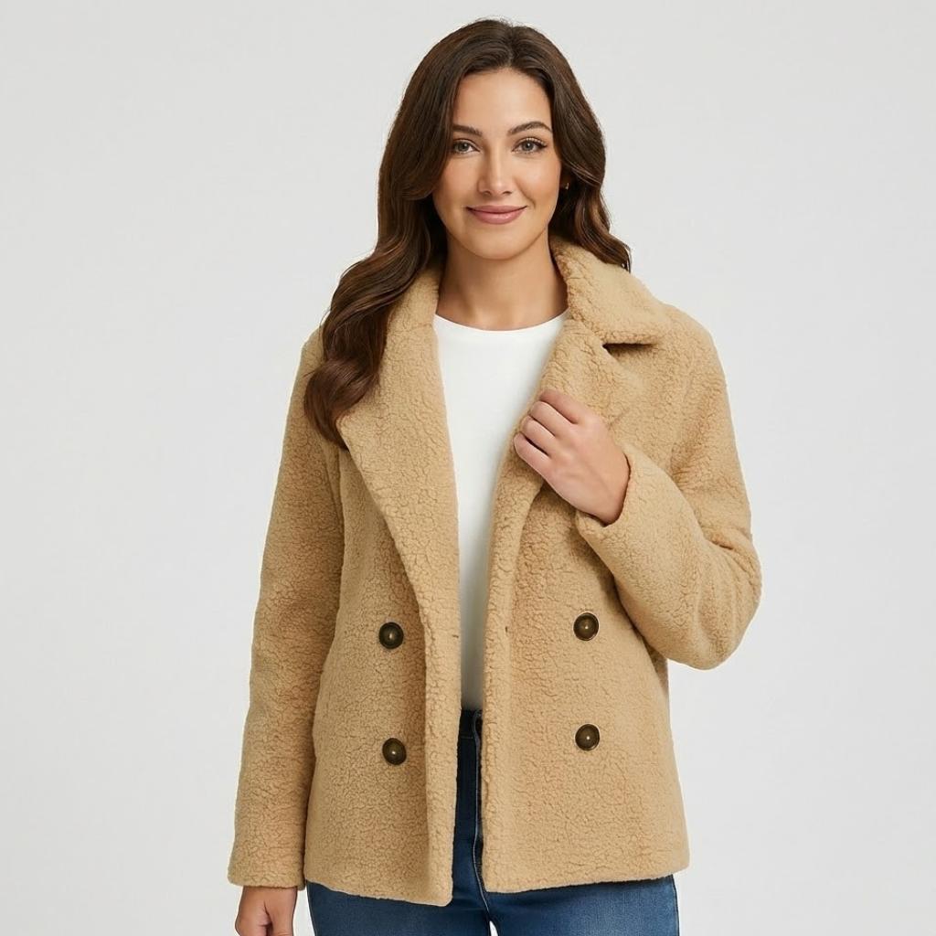 Casaco curto feminino de inverno com corte clássico e botões duplos
