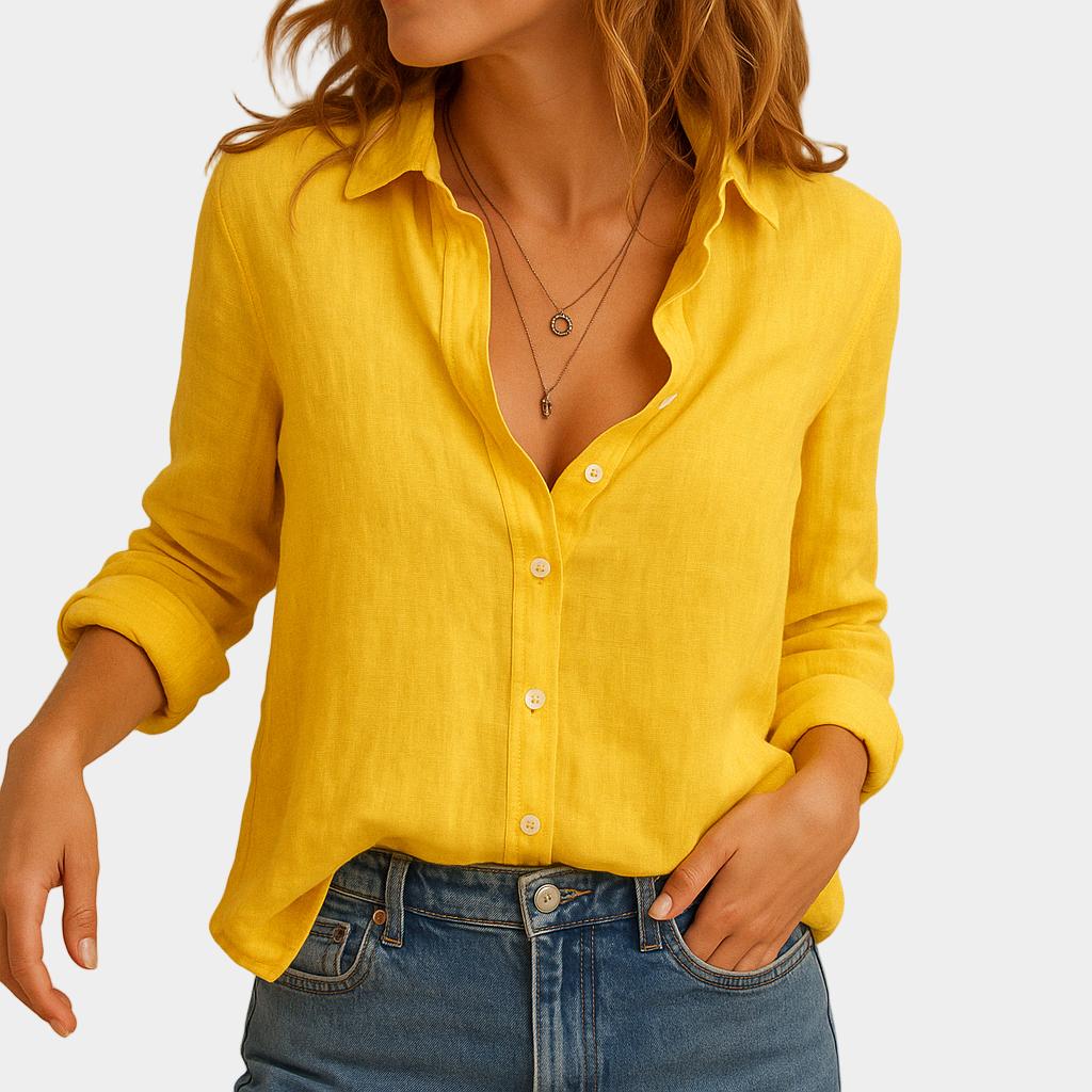 Blusa feminina em linho com corte solto e gola clássica