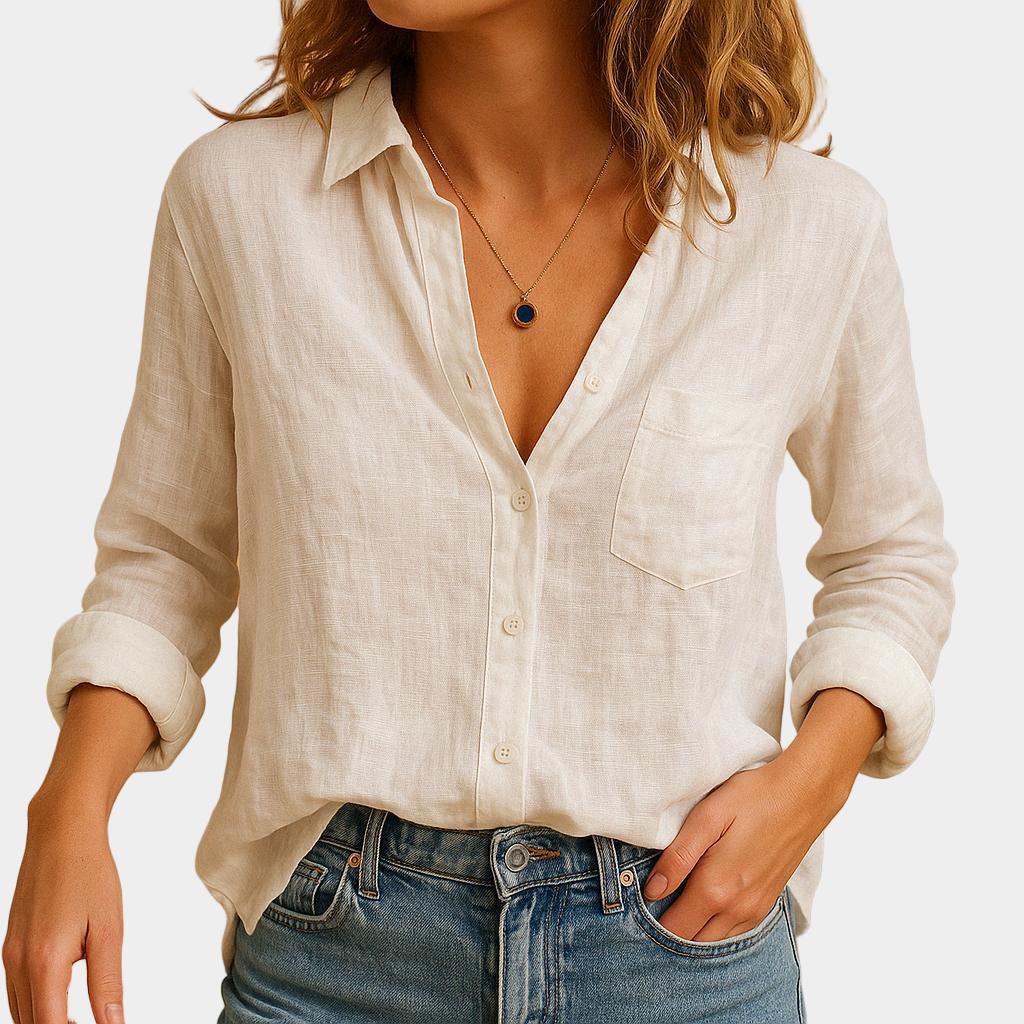 Blusa feminina em linho com corte solto e gola clássica