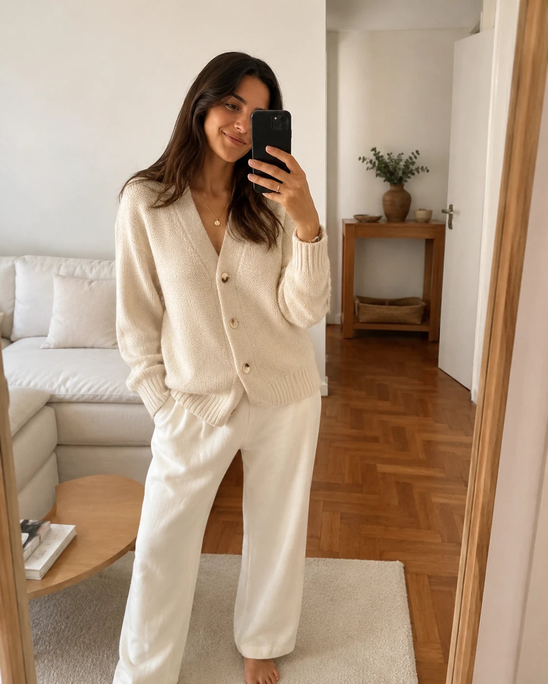 Mulher com cardigan creme e calças claras num autorretrato ao espelho
