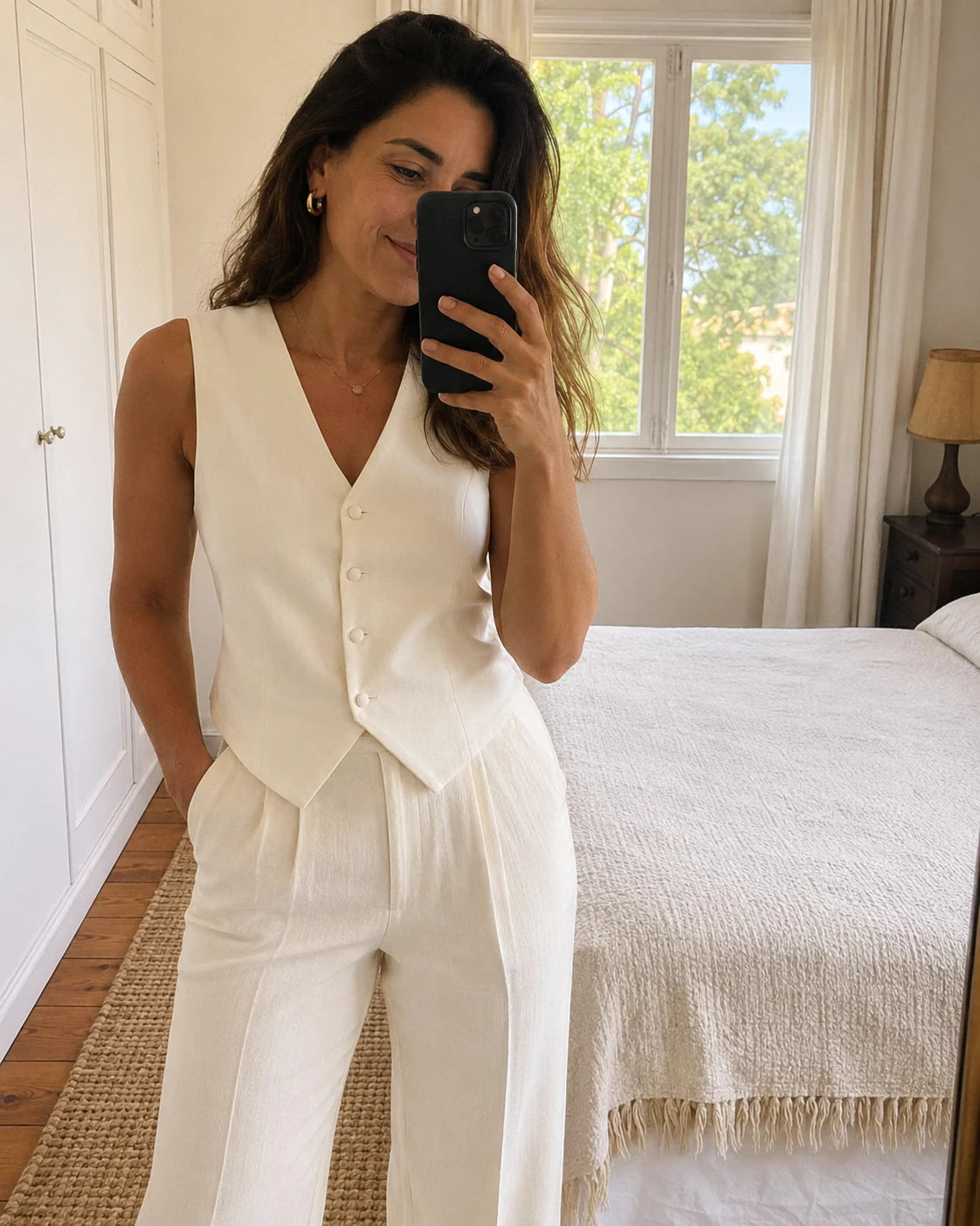 Mulher com colete branco e calças claras num quarto luminoso