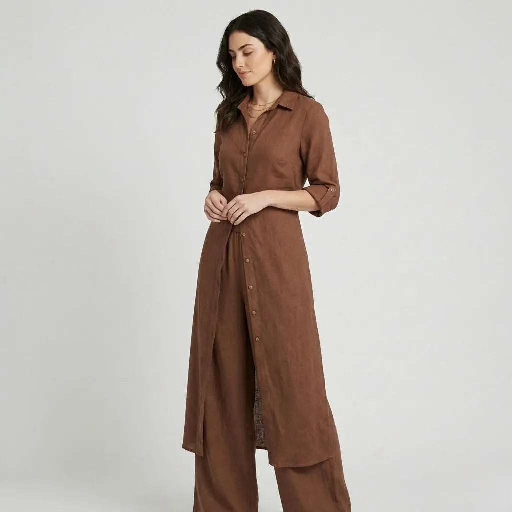 Conjunto fluido em mistura natural | Camisa longa e calças largas | Elegância leve e intemporal