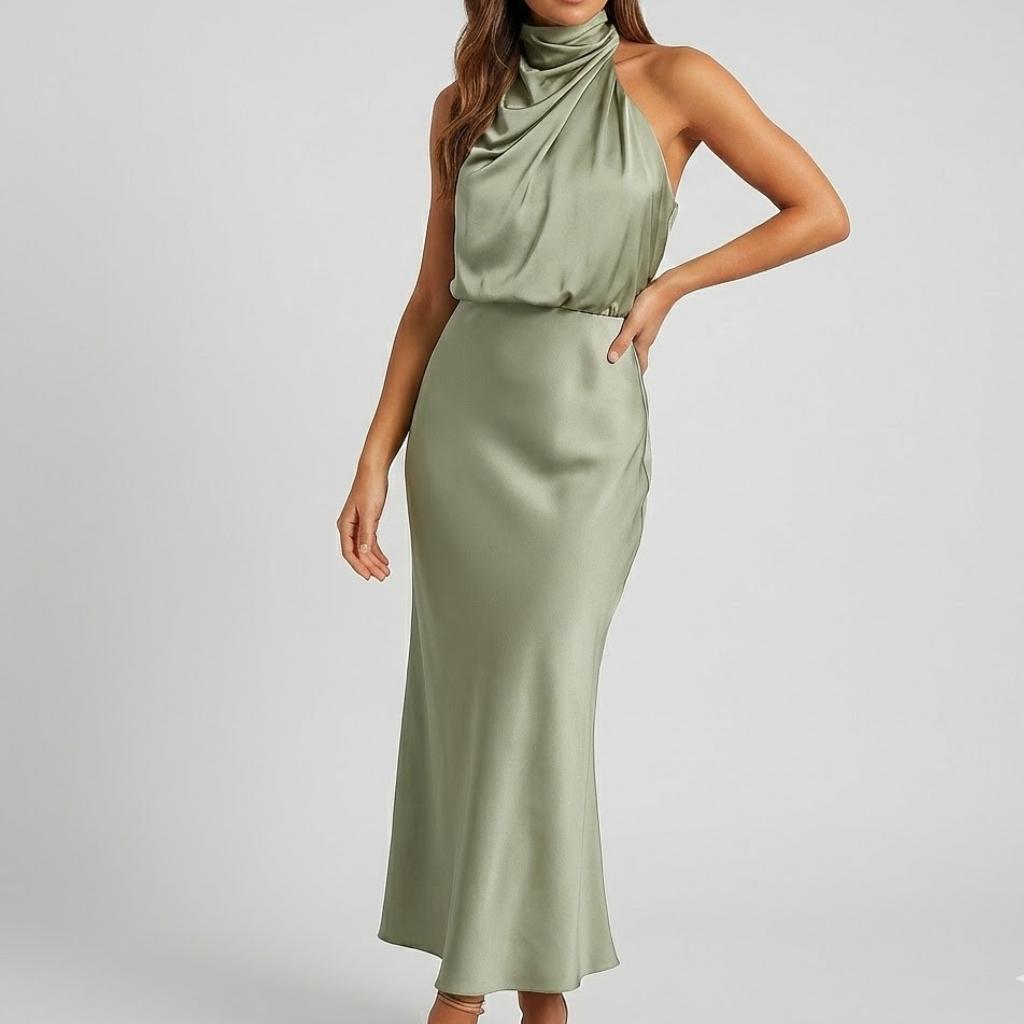 Vestido midi justo com decote alto e silhueta elegante