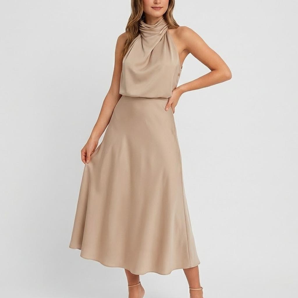 Vestido midi justo com decote alto e silhueta elegante