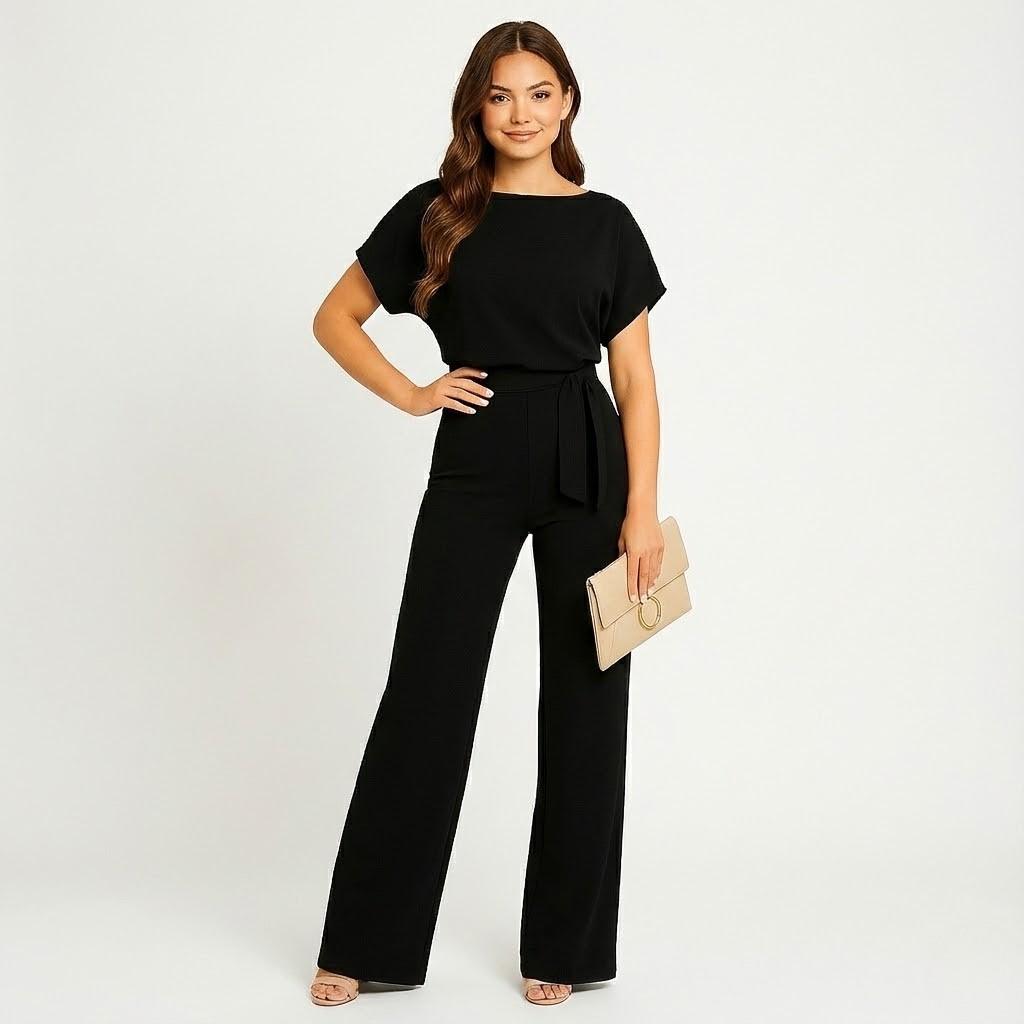 Macacão elegante de mulher com cinto ajustável e corte fluido