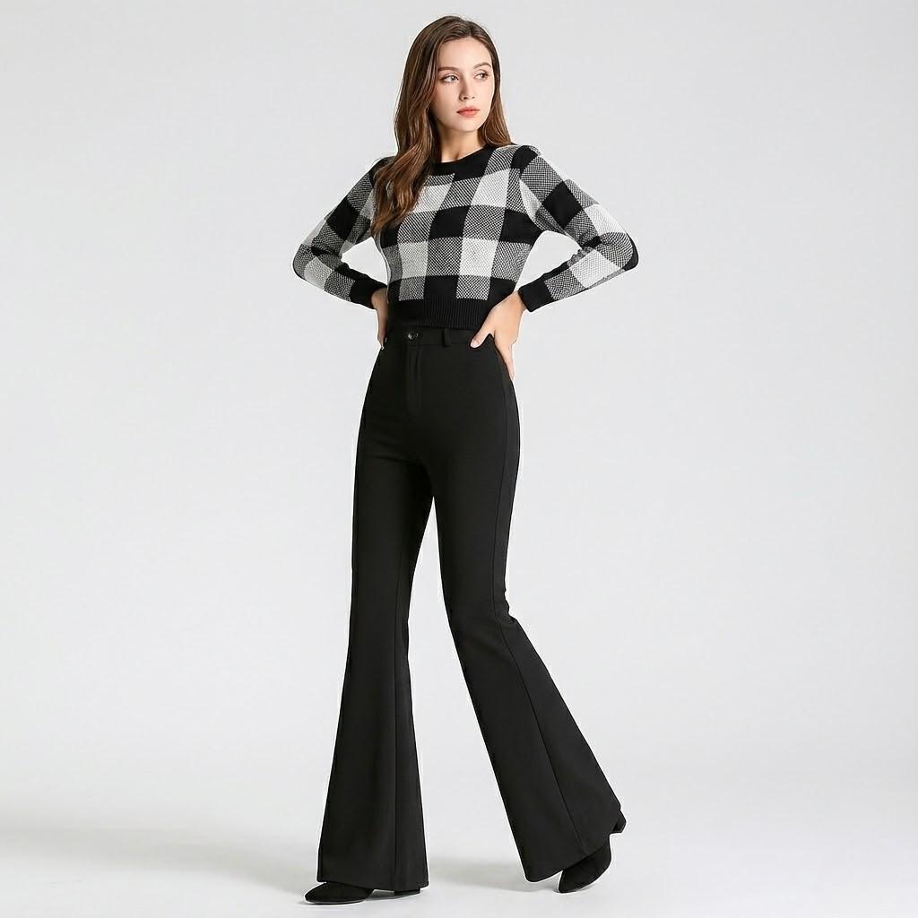 Calças flare de cintura subida para senhora