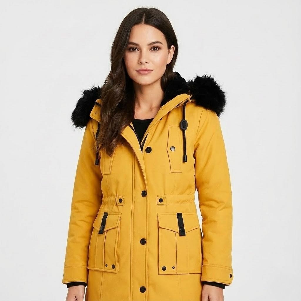 Parka feminina acolchoada com capuz e corte ajustado