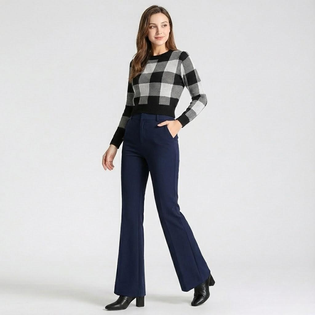 Calças flare de cintura subida para senhora