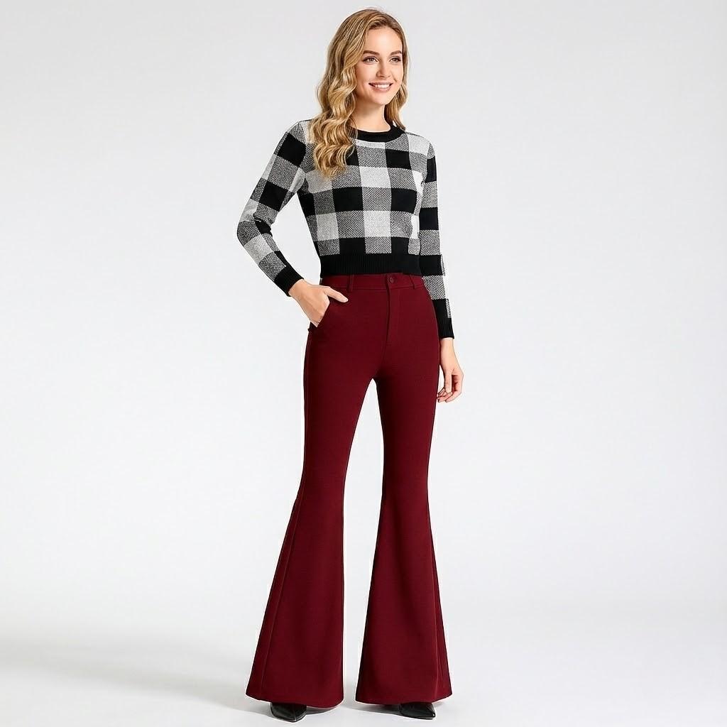 Calças flare de cintura subida para senhora