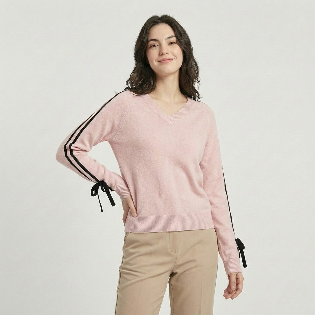 Camisola em malha suave com decote em V | Corte descontraído | Detalhe contrastante nas mangas