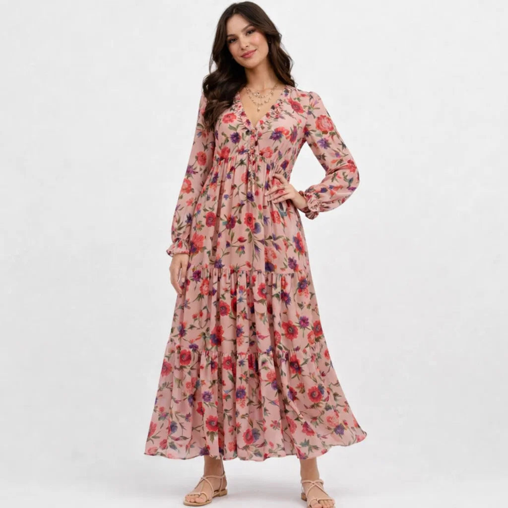 Vestido longo fluido com estampado floral | Corte cintado | Feminilidade elegante